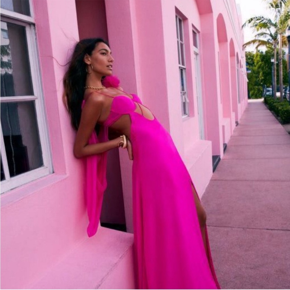 For Love And Lemons Davis Chiffon Bright Pink Underwire Maxi‎ Dress Gown Small